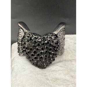 Chunky‎ Heart Bracelet Angel Wings Black Rhinestone Goth Steampunk 6.5"